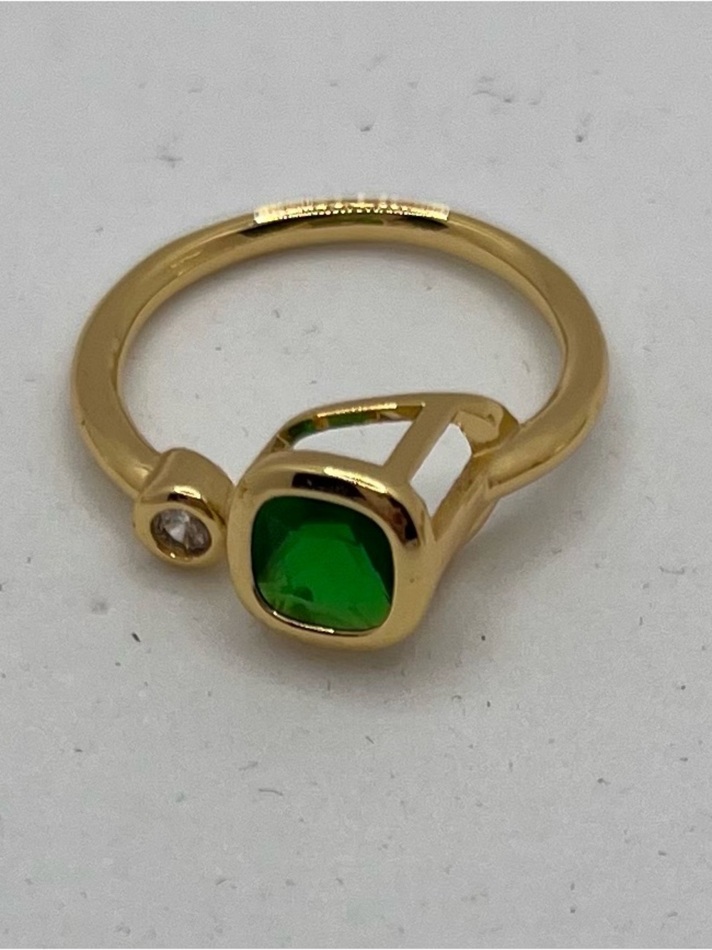 Adjustable Gold Ring with Vibrant Green Cushion Stone and Clear Accent